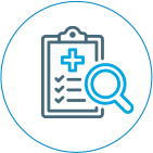 Icon of a medical clipboard and magnifying glass